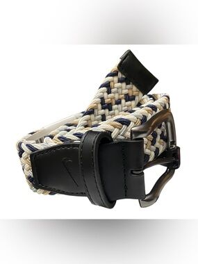 NIKE Men Golf Navy Tan White Weave Stretch Woven Belt Woven Size M 34-36 NWT